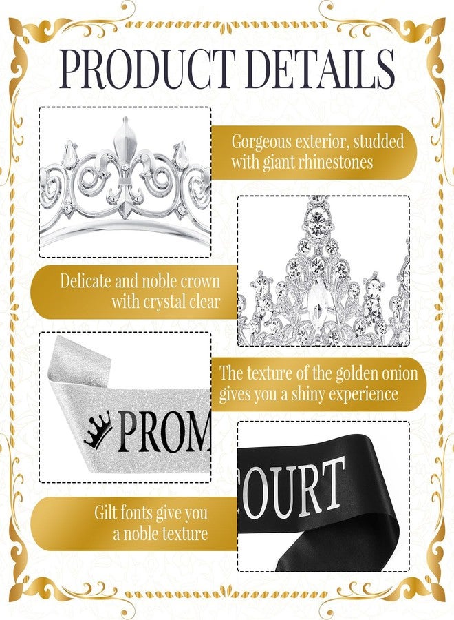Saintrygo 12 Pcs Prom Crown and Sash Set, Prom King and Queen Tiara Rhinestone Crown Glitter Court Royal Satin Sash for 2025 Graduation Ball Dance Night Party Birthday Accessory(Silver,Classic) - Image 3